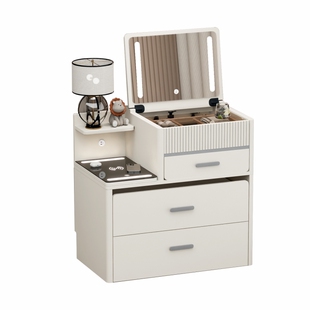 实木梳妆台床头柜一体奶油风小型迷你翻盖组合铭运现代简约化妆桌