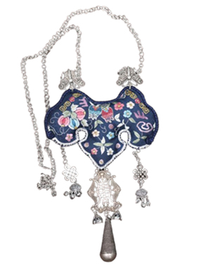 民族风仿老银刺绣老绣大吊坠项链