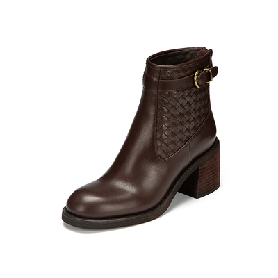 Hongkee/红科短靴女2025新款牛皮粗高跟后拉链时装女靴子H075S412