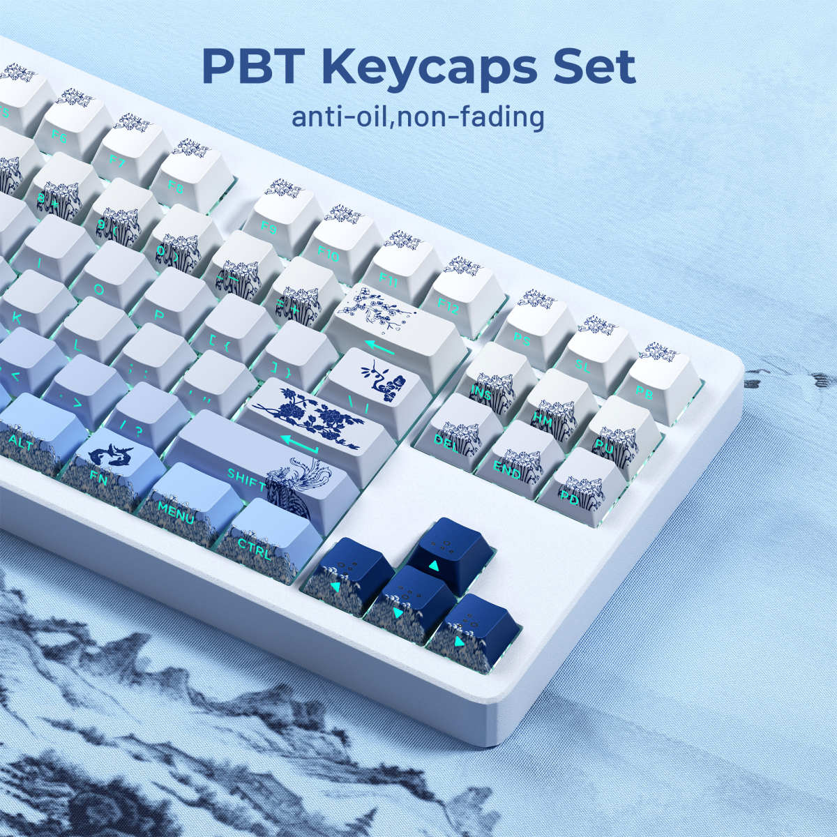 XVX《国风·青花瓷》原厂侧刻透光PBT热升华键帽136键适配wooting