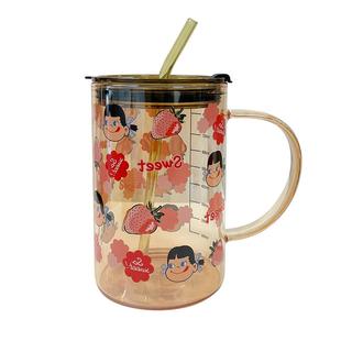 1000ml大容量牛奶妹耐热玻璃杯喝水杯办公室带盖吸管杯女生花茶杯