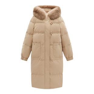 牛角扣羽绒服女2025年新款过膝中长款白鸭绒大毛领加厚宽松外套冬