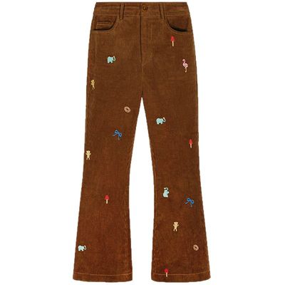 落落狷介刺绣灯芯绒高腰喇叭裤女