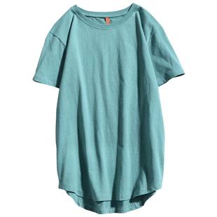 欧美高街纯色前短后长开衩打底衫t恤 oversize嘻哈内搭男女款短袖