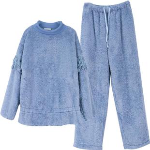 朵朵可可冬季加厚珊瑚绒流苏套头家居服长袖睡衣女家居服套装