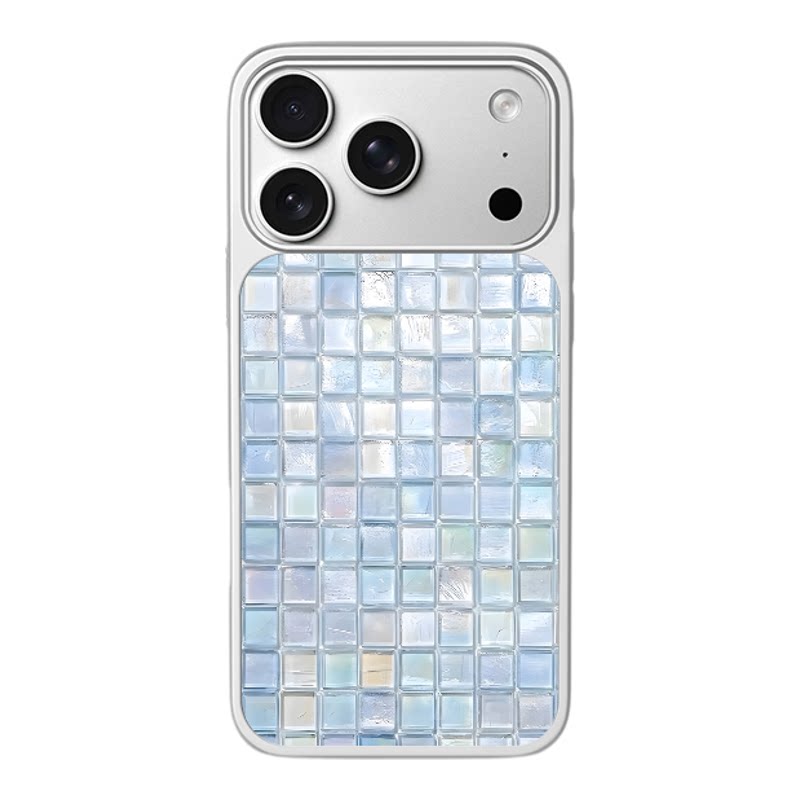 蓝调贝母马赛克细闪方块适用于苹果17promax新款手机壳iPhone air/16pro/15plus14玻璃13pro小众手机套冰感女