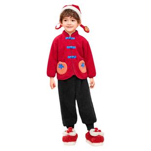 巴拉巴拉儿童睡衣男童女童本命年红色珊瑚绒家居服国风冬季新款小