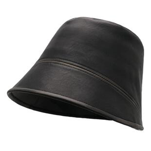 秋冬复古做旧皮革渔夫帽子女高级感素颜遮脸百搭盆帽显脸小水桶帽