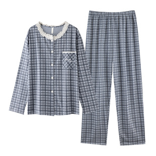 玛伦萨纯棉睡衣女春秋季长袖格子家居服女士套装高级感开衫可外穿