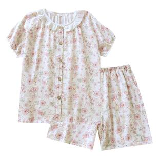 睡衣女夏季薄款纯棉纱布全棉清新卡通开衫圆领短袖短裤家居服套装