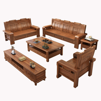 花梨木实木沙发客厅中式农村小户型仿古雕花冬夏两用老式木头沙发