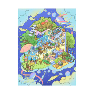 小也云端系列造景贴纸浮空花室卷云书院特油亮膜工艺大号高难度3D立体小屋贴画手帐儿童玩具女孩新年生日礼物