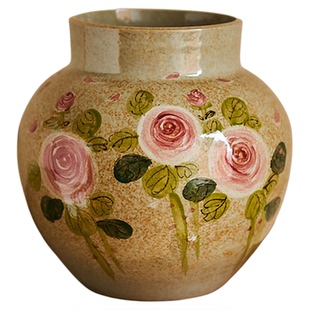 山谷 原创纯手工复古禅意做旧手绘玫瑰花瓶水培不漏水鲜花花器