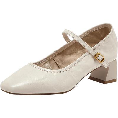 Bata羊皮书玛丽珍单鞋女秋商场新款复古软底浅口鞋8065DCQ5