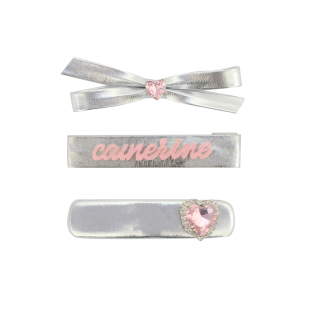 3个装 银色pu皮质发夹爱心水钻发卡BB夹侧边鸭嘴夹子蝴蝶结刘海夹