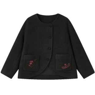 飞鸟和新酒黑色圆领加厚短外套女2025冬季新款圈圈呢毛呢上衣