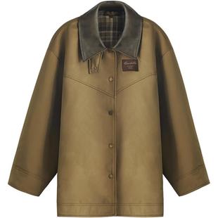 COCOBELLA双面穿毛呢外套女格纹PU领巴恩风通勤大衣夹克SC0048