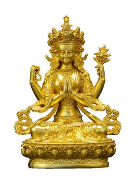 闯隆7cm四臂观音鎏金铜雕像摆件