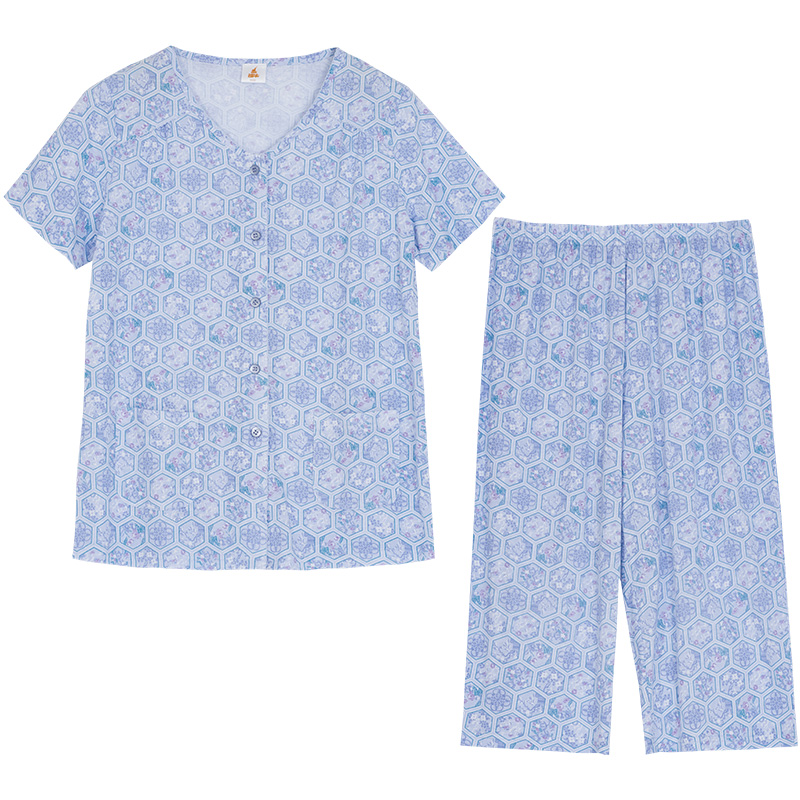 銅牛純棉汗布半袖開(kāi)襟女衫 春夏印花短袖衫家居服上衣睡衣女VS264