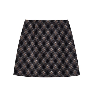 秋冬季高腰学院风格纹毛呢半身裙