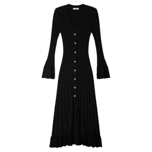 SANDRO2026春季新款女装法式优雅黑色喇叭袖蕾丝收边针织连衣裙