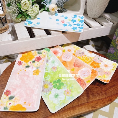 F08濑户烧陶瓷釉下彩10寸长条盘方形寿司盘水果盘干果海鲜盘浮雕