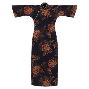 幽年景丨一城风絮丨真丝透孔罗红云纱棕黑牡丹印花倒大袖旗袍