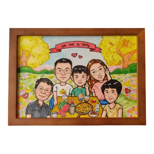 手绘定制全家福肖像画纪念礼物成品实木相框摆台