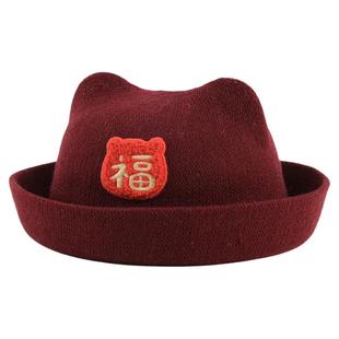 儿童红色福字猫耳朵毛呢盆帽男女宝宝秋冬季可爱帽子男女童新年款