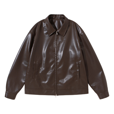 暗物质咖啡色翻领短款皮衣男生2026新款秋季休闲宽松防风夹克外套