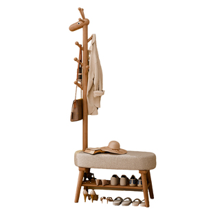 实木小鹿衣帽架玄关门口换鞋凳挂衣架一体客厅落地儿童衣架家用