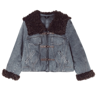 白鹿语复古牛仔拼接90鸭绒羽绒服25秋冬新款撞色仿羊羔毛夹克外套