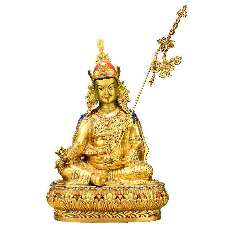 藏老喵铜鎏金莲花生大士铜像摆件