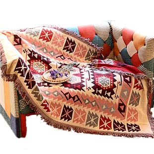 美式乡村双面多人沙发巾垫纯棉全盖出口几何针织线毯防滑四季复古