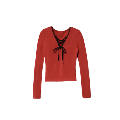 绑带v领磨毛修身打底衫