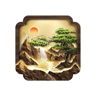 新中式聚宝盆玄关装饰画流水生财日出走廊挂画茶室入户对门壁灯画