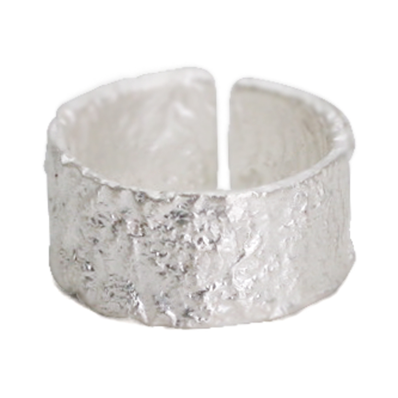 非鱼之家原创个性宽银戒指女 手工开口可调素戒ins肌理磨砂尾戒男