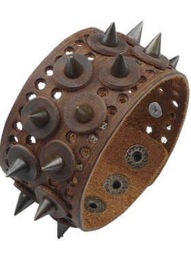 圆锥尖刺铆钉咖啡色牛皮圆圈手链