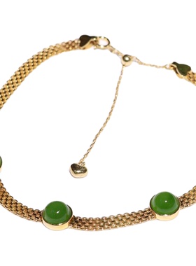 秋季礼品天然和田玉手链女o字蛇骨设计苹果绿碧玉圆面镶18k金手串