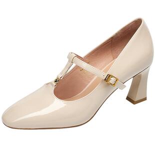 KISSCAT接吻猫玫瑰玛丽珍鞋秋新款复古甜美T字带漆皮粗高跟单鞋女