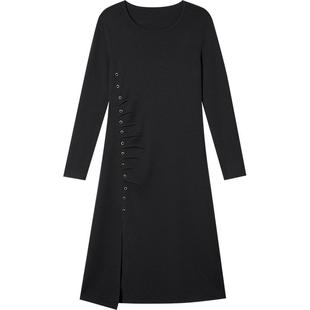 LK BENNETT黑色绵羊毛连衣裙女冬新款排扣设计感开叉中长裙