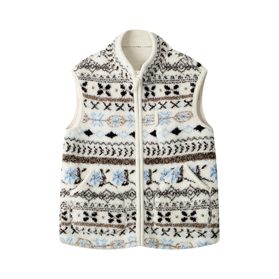 北欧风雪花费尔岛羊羔毛马甲女秋冬立领复古叠穿外穿无袖背心上衣