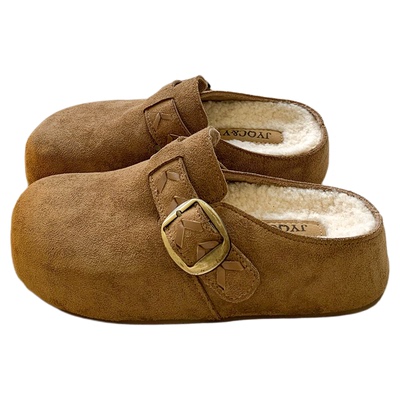 复古加绒勃肯鞋包头半拖鞋女外穿2025新款秋冬厚底内增高博肯棉拖