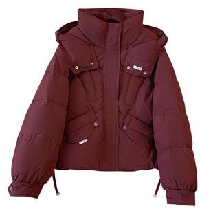 安可拉酒红色连帽小短款羽绒服女2025冬季新款今年流行小个子外套