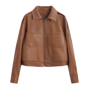 鸭鸭皮羽绒服女短款秋新款时尚复古油蜡咖啡色皮衣休闲高级感外套