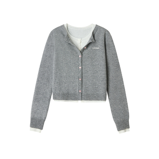 【优等生日记】Uena灰色字母刺绣真两件叠穿设计感短款毛针织开衫