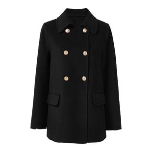 100%绵羊毛秋水伊人黑色双排扣毛呢大衣女2025冬新款双面呢外套