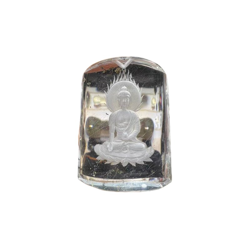 天然水晶幽灵发晶内雕宝生佛项链颈饰