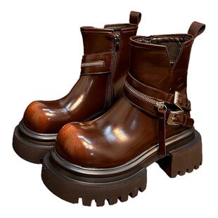 欧货真皮擦色大头松糕厚底马丁靴女英伦风烟筒靴小个子增高机车靴