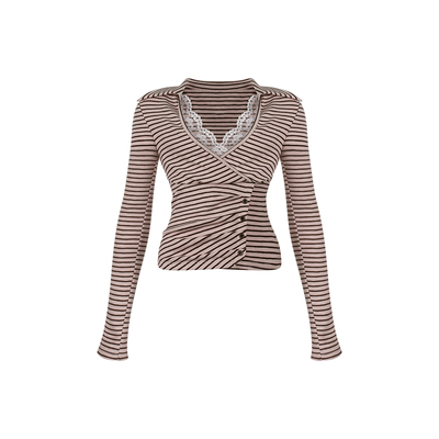 INNERFLOW春季粉棕色条纹上衣蕾丝花边拼接翻领设计显瘦长袖t恤
